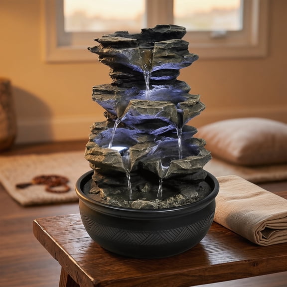 Naturefalls 15.7" 4-Tier Resin Cascading Rock Tabletop Water Fountain with LED Light, Relaxing Indoor Zen Waterfall Decor for Office Bedroom