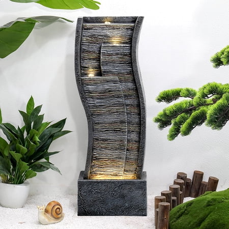 Watnature 3-Tier Contemporary Curves Resin Water Fountain with LED Lights - Indoor Modern Lighted Garden Waterfall Decor for Home, Office, Patio, Garden