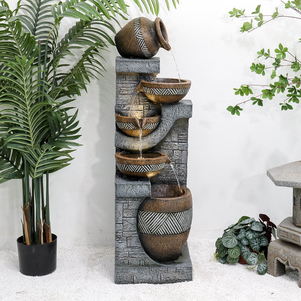 Watnature 5-Tier Natural Looking Stone Fountain Outdoor Water Fountain with LED Lights Resin Fountain Decor for Garden Patio