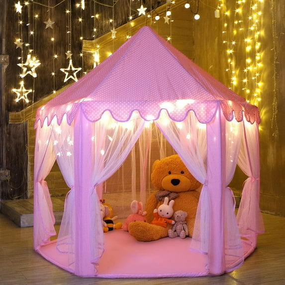 55" x 53" Princess Tent Star Lights, Girls Large Pink Playhouse, Kids Castle Play Tent for Children Indoor and Outdoor Games