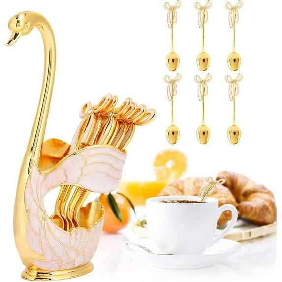 Watris Veiyi Coffee Spoons Set, Dessert Spoons Set, 6PCS Tea Spoons with Swan Base Holder, Metal Coffee Spoon Organizer, Stainless Steel Small Spoons for Coffee Cake Dessert Ice Cream Tea Fruit (Gold)