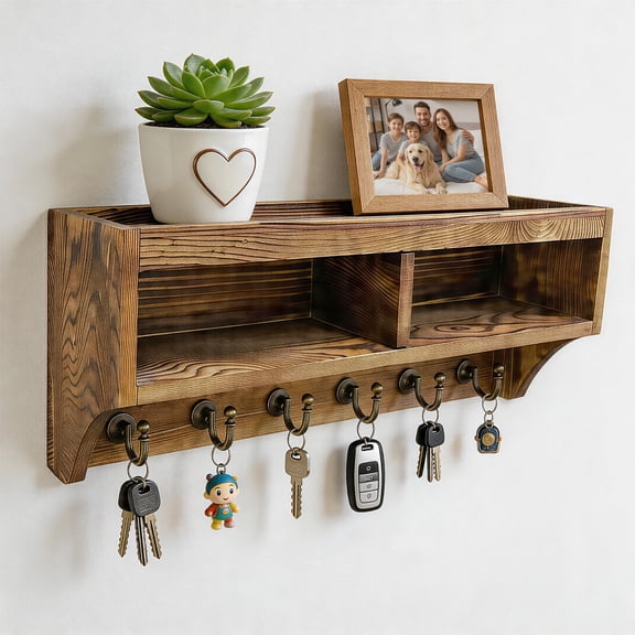 Watsmar Wooden Key Rack With Shelf, Wall Mounted Organizer For Entryway, Hallway, Living Room, Office, 6 Hooks Brown