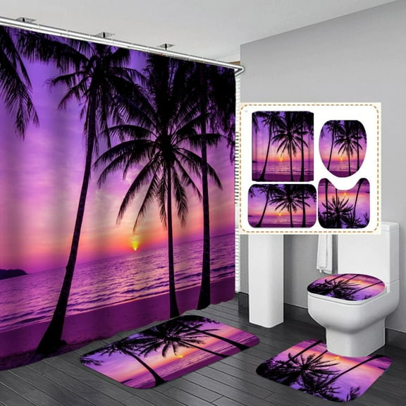 Watson Bathroom Accessories - Pink And Black  Palm Tree Shower Curtain Set