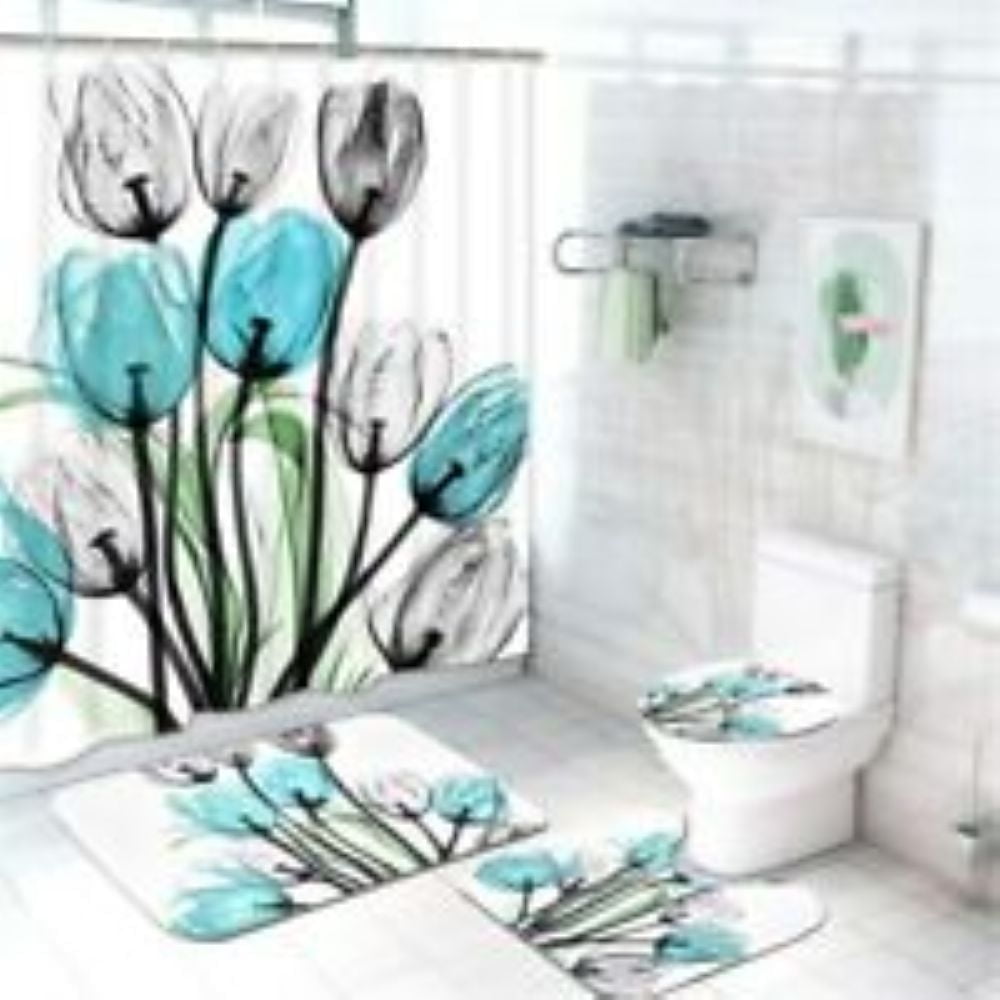 Heavenly Designs Watson Bathroom Accessories - Elegant Tulip 5-Piece Shower Curtain Set – Light Blue, Black & Gray Floral Design