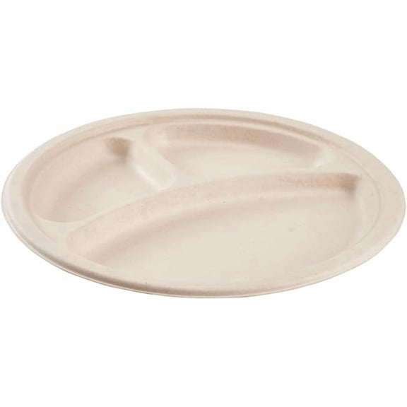 Watson Distributing 10" Disposable Plate Round Bagasse 3-Compartment, 500 Count