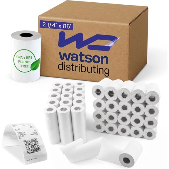 Watson Distributing 2 1/4" x 85' Phenol-Free (BPA & BPS) Thermal Paper, 50 Rolls/Case