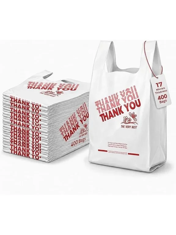 Large Plastic T-Shirt Bags, 12x7x22, 400/Case - Thank You Grocery & Retail Bags with Handles