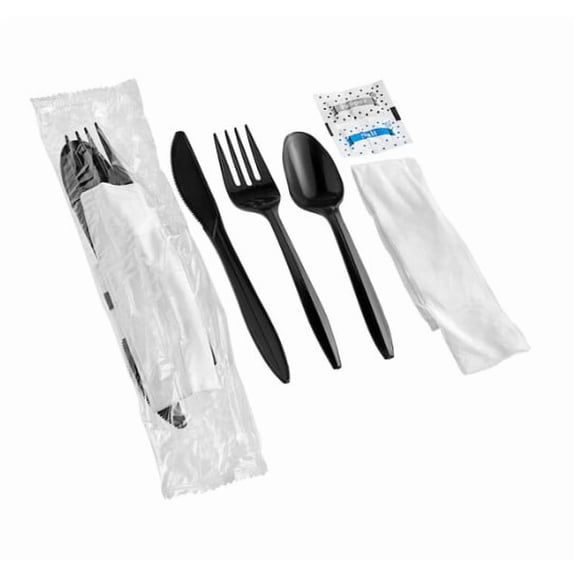 Watson Distributing Medium Weight Wrapped Black Plastic Cutlery Set With Napkin And Salt And Pepper 250/Case