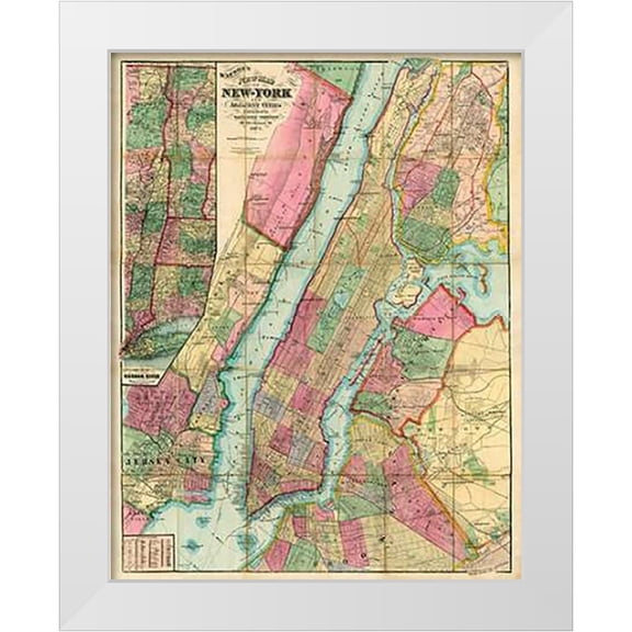 Watson, Gaylord 12x14 White Modern Wood Framed Museum Art Print Titled - Map of New York and Adjacent Cities, 1874
