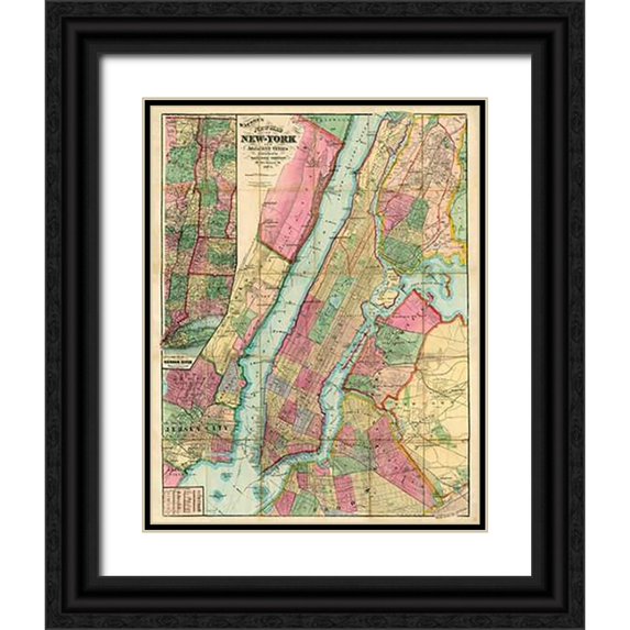 Watson, Gaylord 26x32 Black Ornate Wood Framed with Double Matting Museum Art Print Titled - Map of New York and Adjacent Cities, 1874