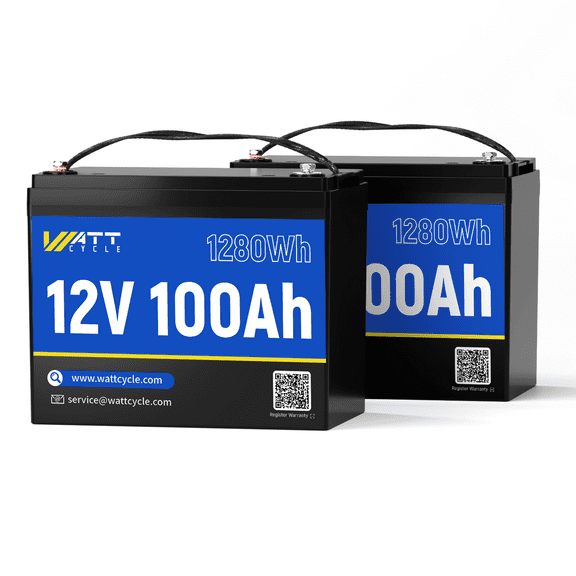 WattCycle 12V 100Ah LiFePO4 Battery, 15000 Deep Cycles, BCI Group 24, Built-in 100A Smart BMS with Low-Temp Protection, for Solar Systems, RVs, Golf Cart, Marine, Home Energy Storage, 2-Pack
