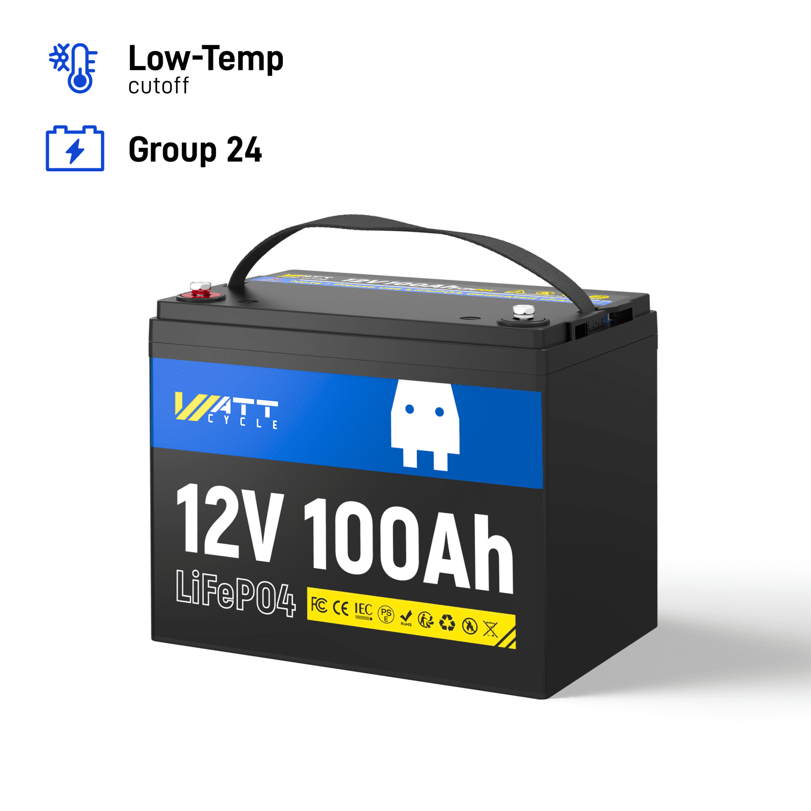 WattCycle 12V 100Ah LiFePO4 Battery Group 24 with Built-in 100A BMS,15000+ Deep Cycle Rechargeable Lithium Battery with Low Temp Protection,Perfected for RV, Marine, Solar,Home Energy Storage