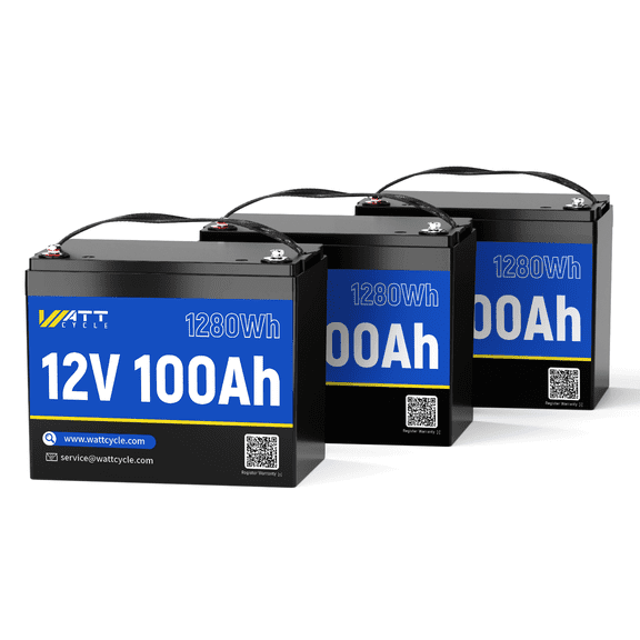 WattCycle 12V 100Ah Premium LiFePO4 Lithium Battery with Built-in 100A BMS,15000+ Deep Cycle Battery Fits Group 24,Low Temp Protection, Perfected for RV,Marine,Home Energy Storage,Vans(3 Packs)