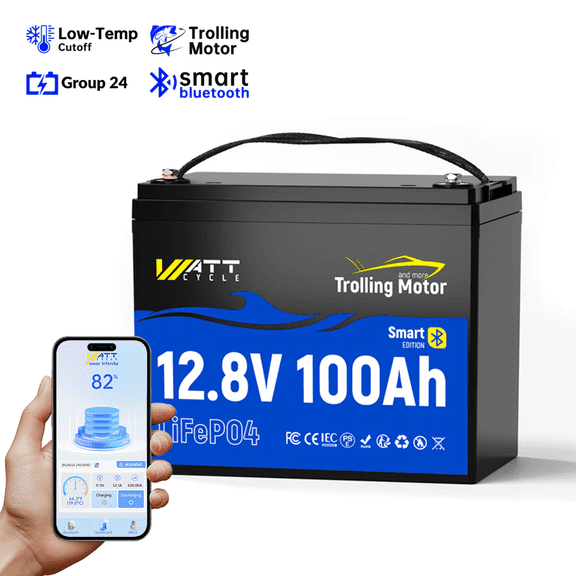 WattCycle 12V 100Ah Trolling Motor LiFePO4 Battery Bluetooth(Group 24), 12 Volt Lithium Battery with Low-Temp, 15000+ Deep Cycles Battery, Built-in 120A BMS Professional for Marine, Boat, Yacht, RVs