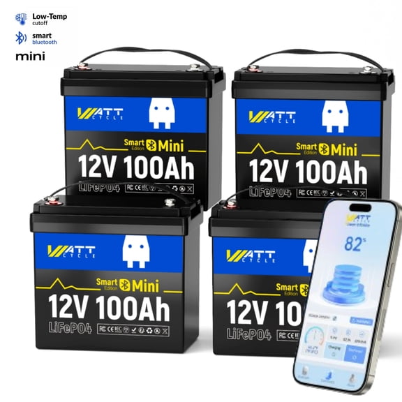 WattCycle 12V 100Ah Mini LiFePO4 Battery with Bluetooth(4 Packs), BCI Group 24, 100A Smart BMS, 15000 Cycles, Supports Phone App, RV, Marine & Trolling Motor