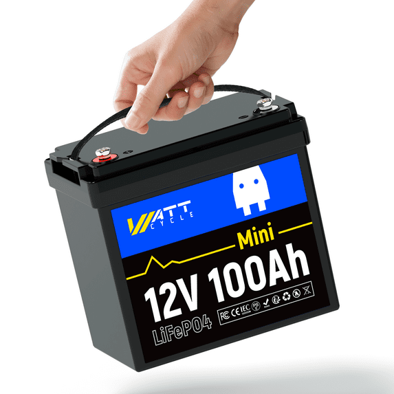 WattCycle 12V 100Ah Mini LiFePO4 Lithium Battery, 100A BMS, Low-Temp Protection, Rechargeable15000 Deep Cycles, 1280Wh for Solar System, Golf Cart, RVs, Trolling Motor, Home Storage, Marine