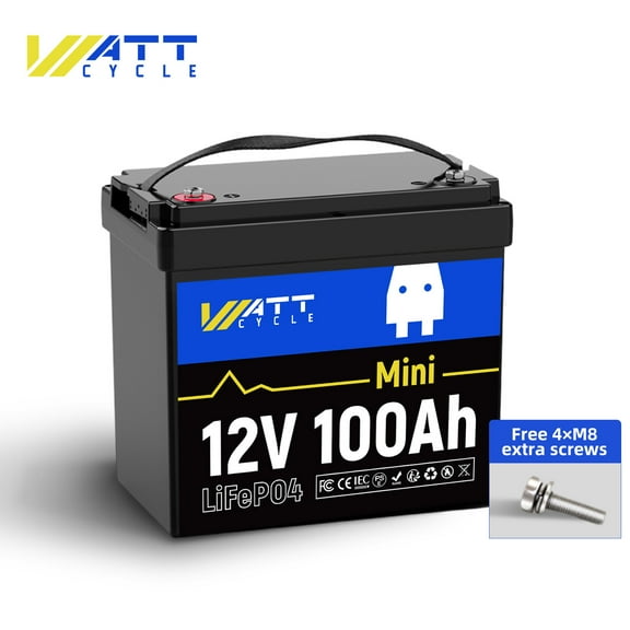 WattCycle 12V 100Ah Mini LiFePO4 Lithium Battery Mini, 100A BMS, Low-Temp Protection, Rechargeable15000 Deep Cycles, 1280Wh for Trolling Motor, Home Storage, Solar System, Golf Cart, RVs, Marine