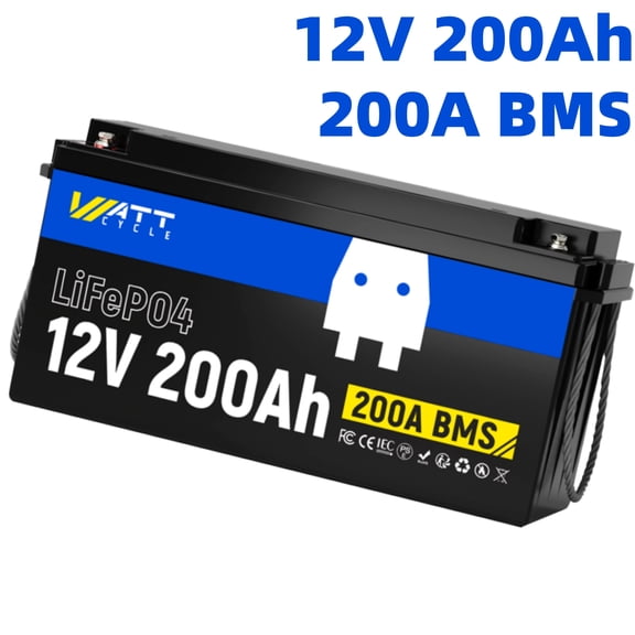 WattCycle 12V 200Ah Marine Lithium Battery, 12V 200Ah Marine LiFePO4 Battery 5-Year Warranty, 200ABMS, Lightweight, for Home Energy Storage, Solar System Set up