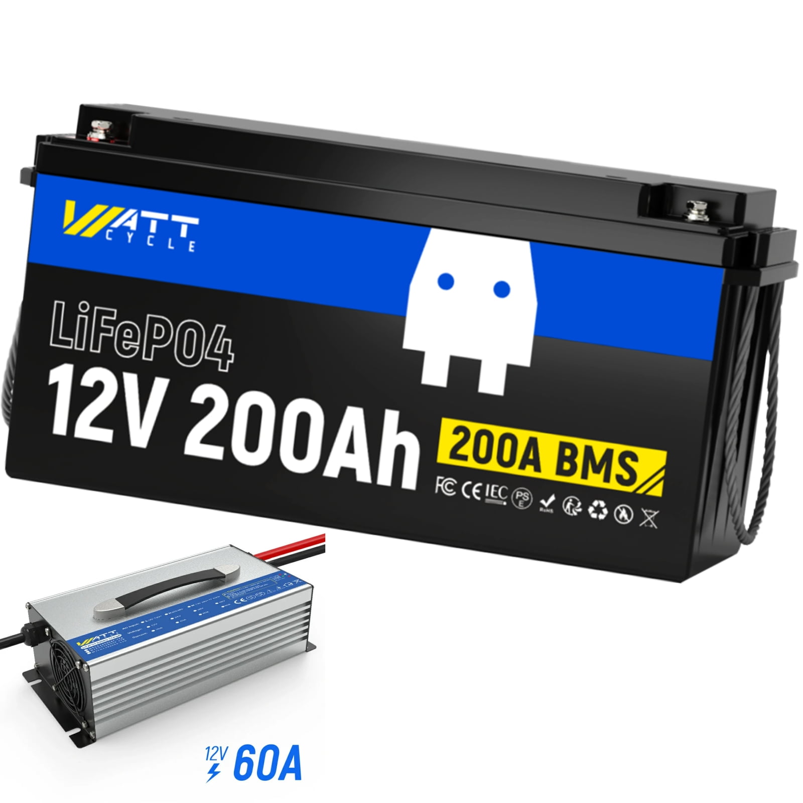 WattCycle 12V 200Ah Marine LiFePO4 Battery with Charger, 12V 200Ah Marine Lithium Battery 5-Year Warranty, 200ABMS, Lightweight, for Home Energy Storage, Solar System Set up