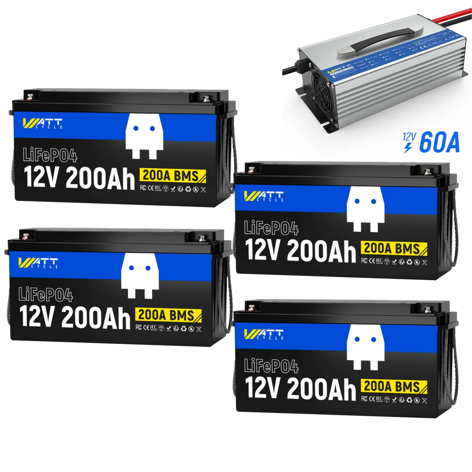 WattCycle 4 Pack 12V 200Ah RV LiFePO4 Battery with Charger, 12V 200Ah RV Lithium Battery 5-Year Warranty, 200ABMS, Lightweight, for Home Energy Storage, Solar System Set up