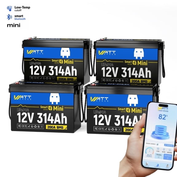 WattCycle 12V 300Ah LiFePO4 Battery, 314Ah LiFePO4 Lithium Battery Bluetooth Mini, 200A BMS, 15000 Deep Cycles, Low-Temp Protection, for RV/Marine/Trolling Motor/Solar/Home Backup/Off-Grid/(3 Packs)