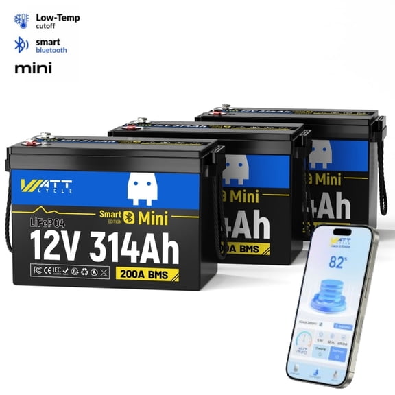 WattCycle 12V 300Ah LiFePO4 Battery, 314Ah LiFePO4 Lithium Battery Bluetooth Mini(3 Packs) 200A BMS, 15000 Deep Cycles, Low-Temp Protection for RV/Marine/Trolling Motor/Solar/Home Backup/Off-Grid