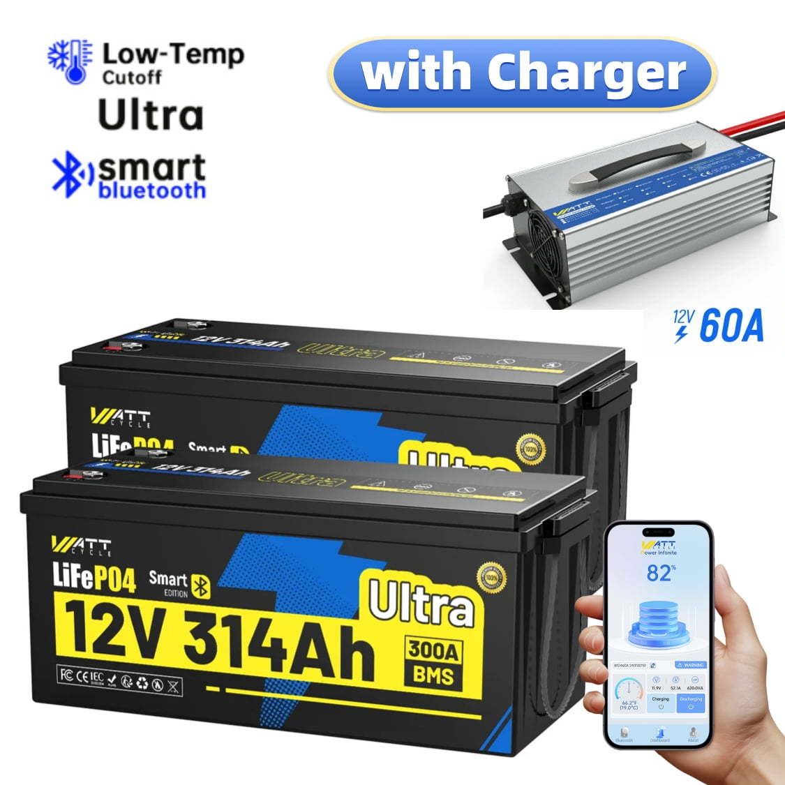 WattCycle 12V 300Ah Bluetooth LiFePO4 Lithium Battery(314Ah) with LiFePO4 Battery Charger for RV, Home Energy Storage, Solar, Off-Grid, 300A BMS, Lithium LiFePO4 RV Batteries, 5-Year Warranty, 2Pack