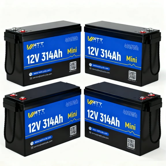 WattCycle 12V 300Ah LiFePO4 Lithium Battery Mini(314Ah), Built in 200A BMS & 4.01kWh Energy, 4000+ Deep Cycles, for RV, Marine, Camping, Solar Off-Grid, 4 Packs