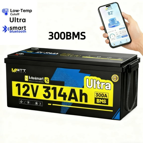 WattCycle 12V 300Ah LiFePO4 Battery Bluetooth(314Ah), Ultra 300Ah BMS, 8000+ Deep Cycles, Built-in Metal Frame & Full Metal Case, 4.01kWh Battery Perfect for RV, Solar, Trolling Motor, Marine