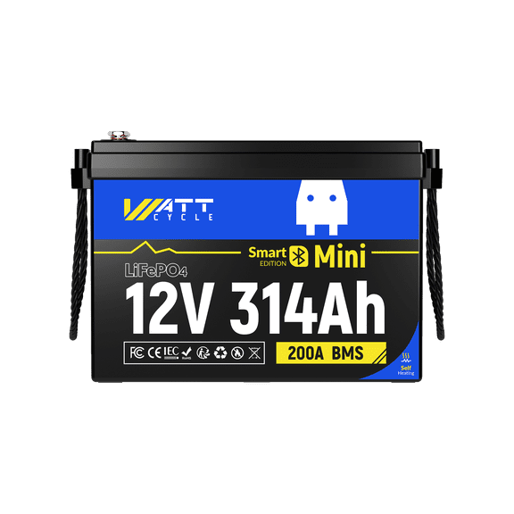 WattCycle 12V 300Ah LiFePO4 Battery Mini with Self-Heating,Built-in 200A BMS & Bluetooth, 15000+ Deep Cycles Lithium Battery for Off-Grid, Marine,Camper,RV,Trolling Motor,Solar,Home