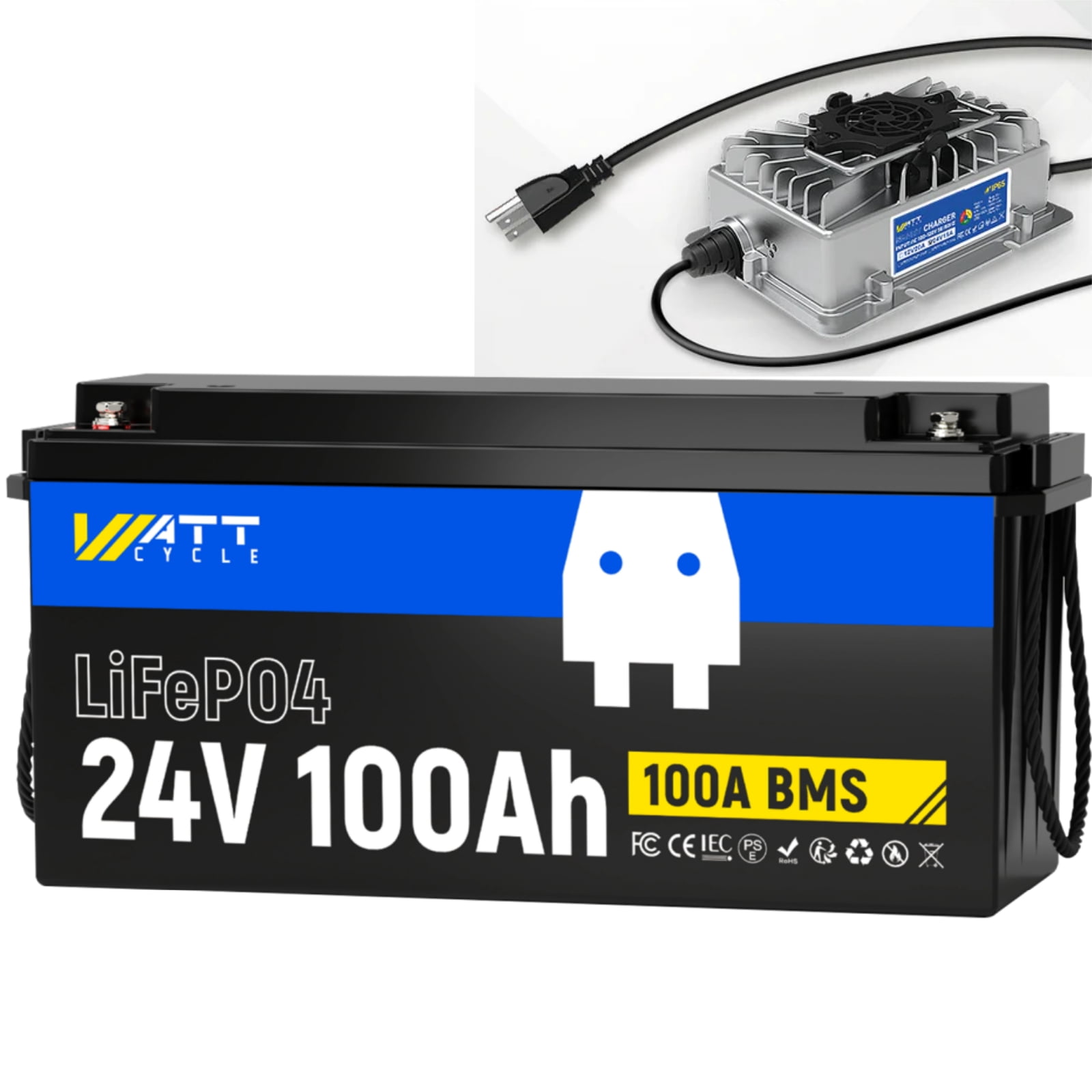 WattCycle 24V 100Ah LiFePO4 Battery with 24V 15A Lithium Battery Charger, 100A BMS, Deep Cycle Marine Trolling Motor Battery, A+ Cells, Low-Temp Protection
