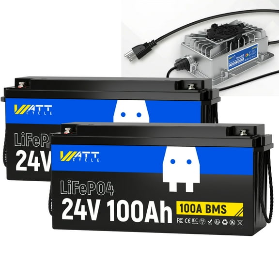 WattCycle 24V 100Ah Lithium Battery with 24V 15A LiFePO4 Battery Charger, 100A BMS, Marine Trolling Motor Deep Cycle Battery, A+ Cells, Low-Temp Protection