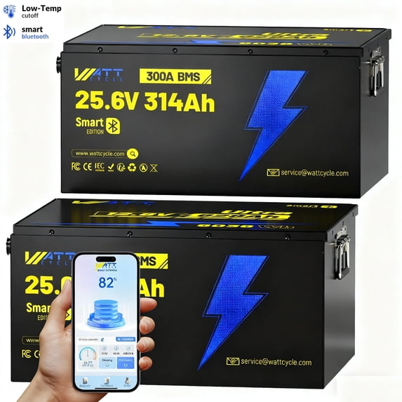 WattCycle 300Ah LiFePO4 Battery Bluetooth 24V(314Ah), 300A BMS, 15000+ Deep Cycles, Full Metal Case Aluminum Frame, 8038Wh, Batteries, for Trolling Motor, RV, Marine, Solar, Home, 2 Packs
