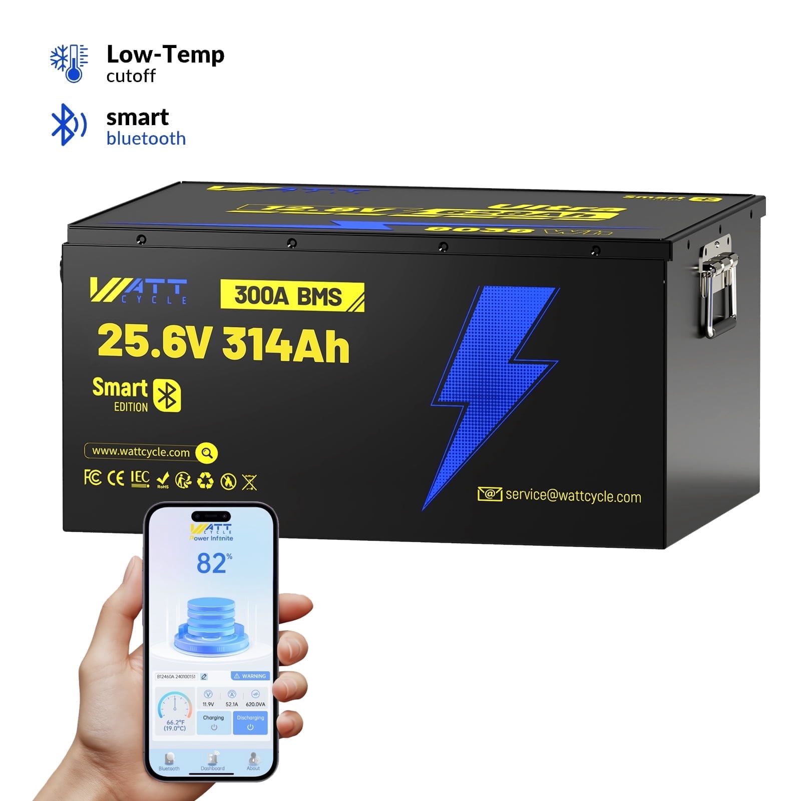 WattCycle 24V 300AH LiFePO4 Battery with Bluetooth(314Ah), 300A BMS, 15000+ Deep Cycles, Full Metal Case Aluminum Frame, 8038Wh, Batteries, Perfect for Trolling Motor, RV, Marine, Solar, Home