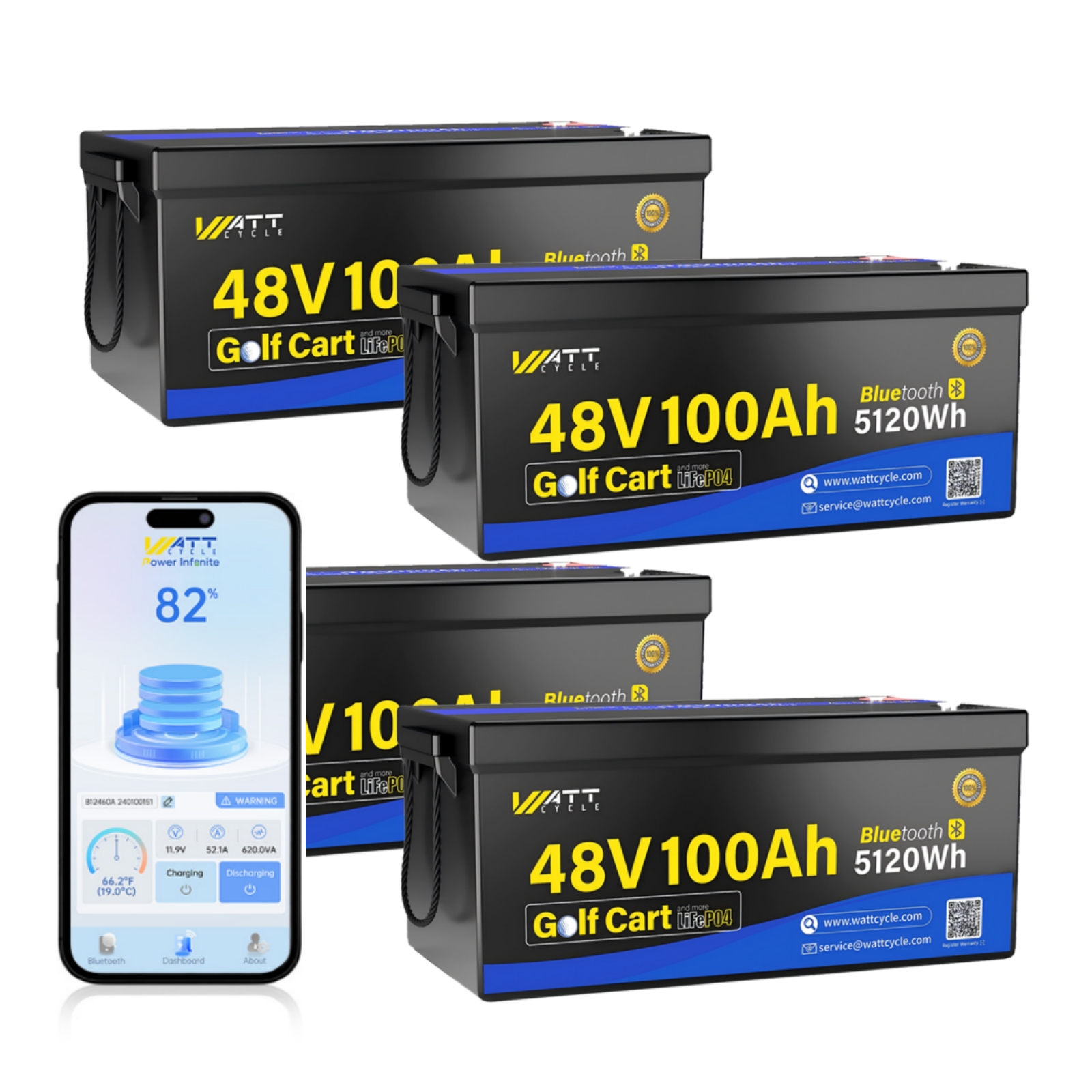 WattCycle 48V 100AH Golf Carts LiFePO4 Battery Bluetooth(51.2V), 3 ...