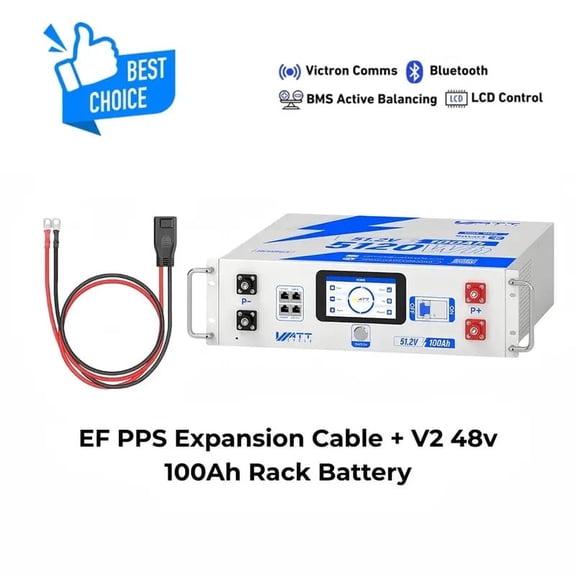 WattCycle 48V 100Ah LiFePO4 Server Rack Battery with EcoFlow Adapter V2.5 & 50A PPS Expansion Cable, 5120Wh Lithium Battery with BYD Cells & 3A Active Balancing