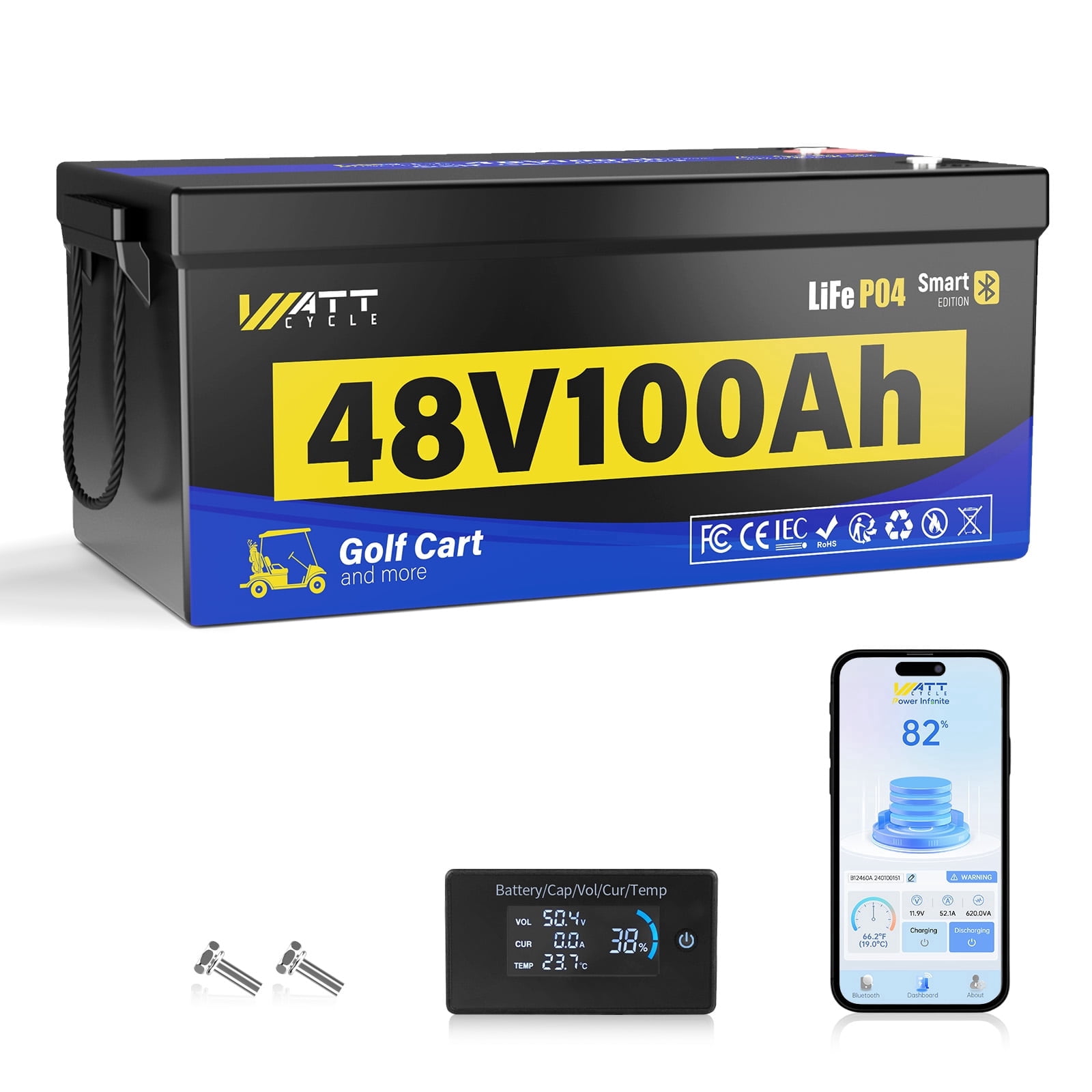 WattCycle 48V 100Ah LiFepo4 Lithium Battery with 200A Bluetooth BMS&APP,10 Years-Lifetime, Perfect for Golf Carts,Boat,Trolling Motor,Lawn Mower,Solar,Off-Grid Life