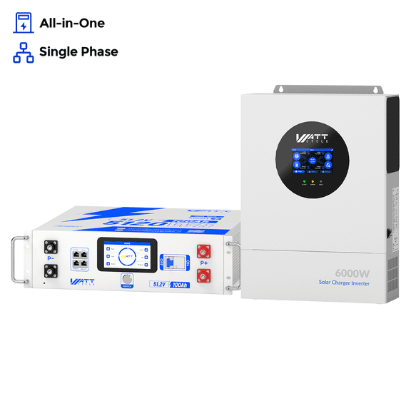 WattCycle 48V 100Ah Server Rack Battery & 6500W Hybrid Solar Inverter Kit,5.12kWh LiFePO4 Battery with 6.5kW Hybrid Inverter for Reliable Solar Backup, RV and Off-Grid Home Power