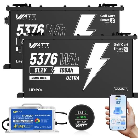 WattCycle 48V 105Ah LiFePO4 Lithium Golf Cart Batteries Bluetooth with 48V Lithium Golf Cart Battery Charger, 48V Lithium Battery 250A BMS, Perfect for Home Energy, RV, Solar System Set up(2 Pack)