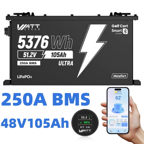 WattCycle 48V 105Ah LiFePO4 Lithium Golf Cart Battery Bluetooth, 48V Lithium Battery 250A BMS, Perfect for Home Energy, RV, Solar System Set up