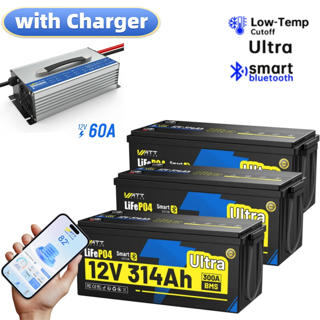 WattCycle Bluetooth 12V 300Ah LiFePO4 Lithium Battery(314Ah) with Lithium Battery Charger for RV/Home Energy Storage/Solar/Off-Grid, 300A BMS, LiFePO4 RV Batteries, 5-Year Warranty, 3 Pack