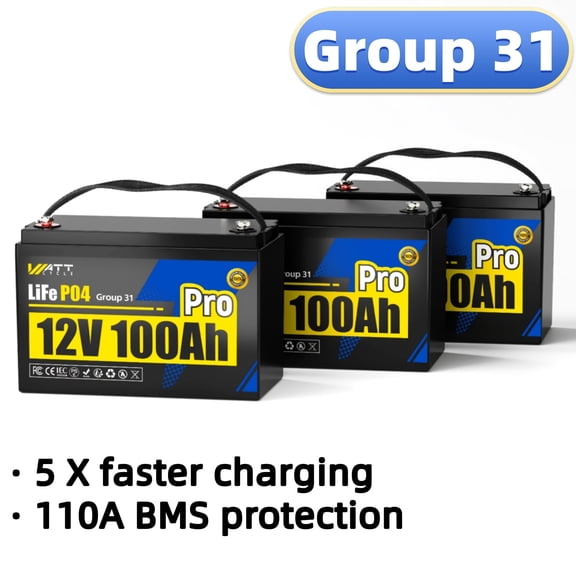 WattCycle 12V 100Ah Group 31 LiFePO4 Battery w/ PRO 110A BMS&Low-Temp Protection for RV/Solar Storage/Camping/Trolling Motor/Marine/Off-Grid/Home Backup Power/Boat, 15000+Deep Cycles(3 Pack, 36V)