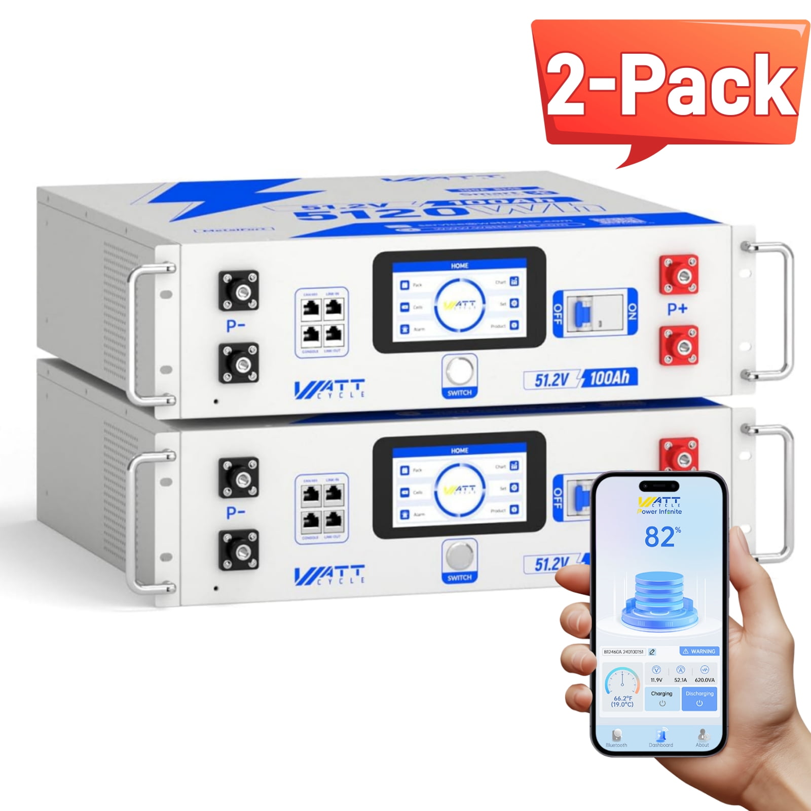 Wattcycle 2-Pack 48V 100Ah LiFePO4 Battery 3U Server Rack with Active ...