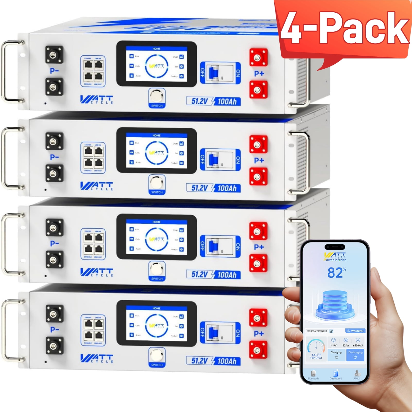 Wattcycle 4-Pack 48V 100Ah 3U Server Rack Lithium LiFePO4 Battery with ...