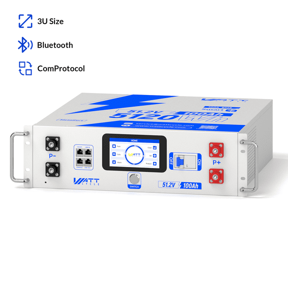 WattCycle 48V 100Ah LiFePO4 Lithium Battery Built-in 100A BMS, 3U Rack Mount Battery with 3A Active Balancing, LCD Touchscreen & Bluetooth, 6000+ Deep Cycles for Home Storage,Solar System,Off-Grid