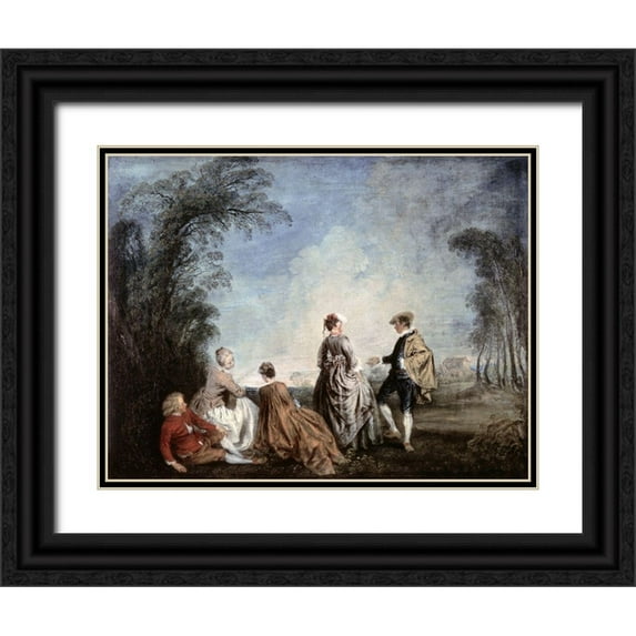 Watteau, Jean-Antoine 18x15 Black Ornate Wood Framed with Double Matting Museum Art Print Titled - An Embarrassing Proposition