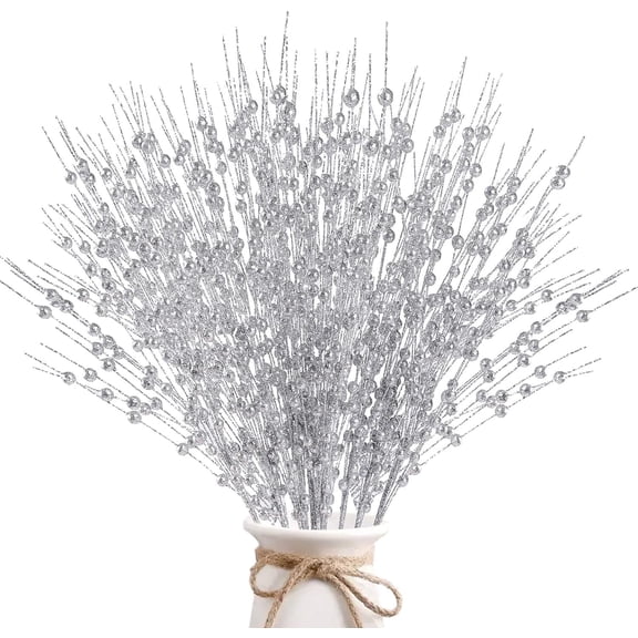 Wattne 10 Pack Artificial Glitter Berry Stem Ornaments 17 Inches Fake Christmas Picks Decorative Glitter Sticks for Christmas Tree DIY Wreath Crafts Gift Fireplace Holiday Home Decor (Silver)