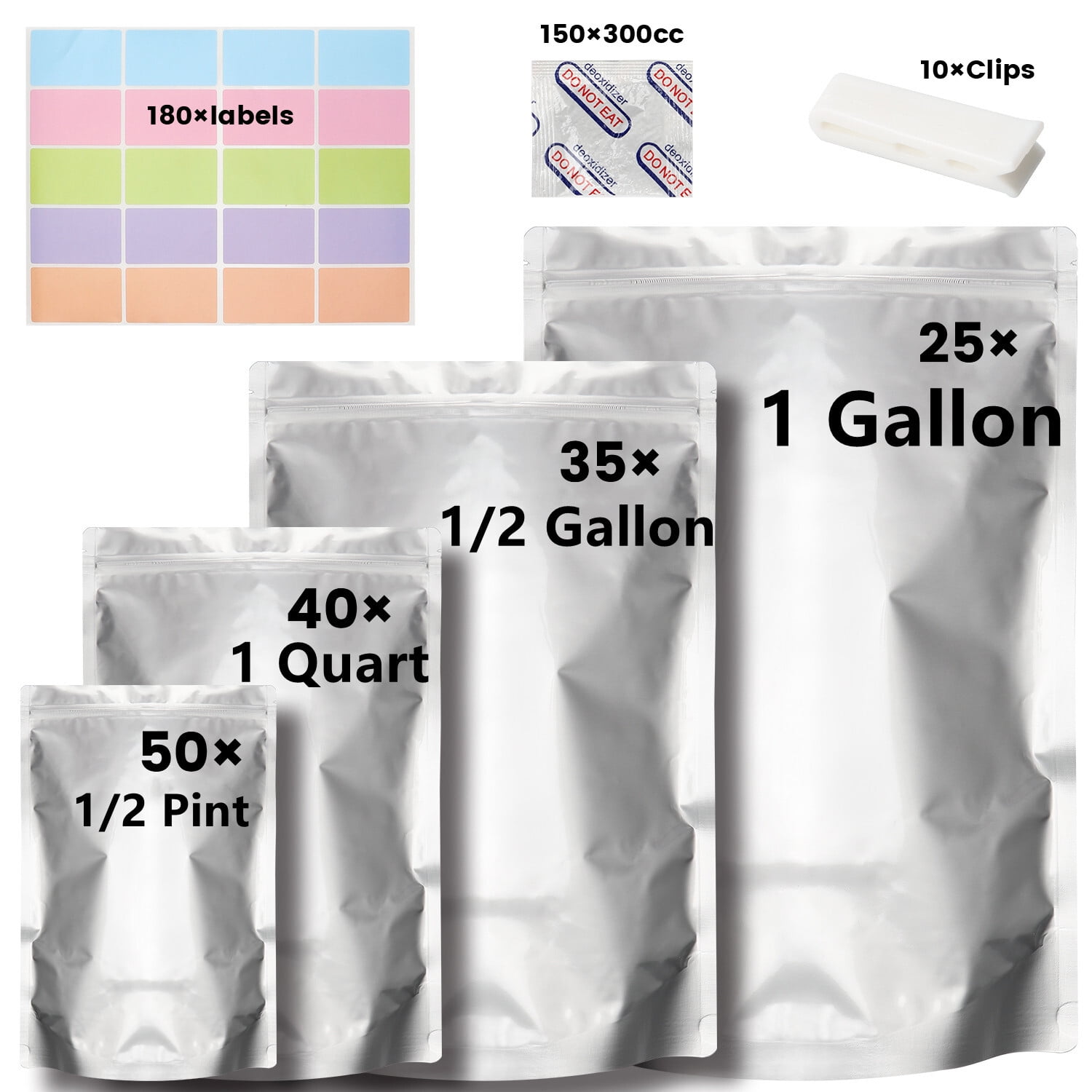 40pc Mylar Bags for Food Storage With Oxygen Absorbers Label Resealable 1  Gallon
