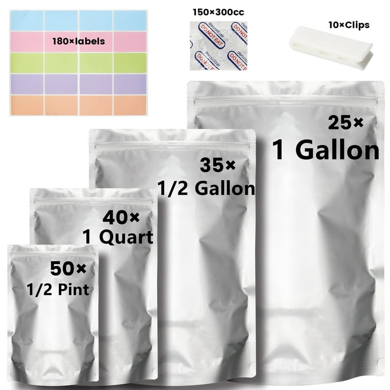 Wattne 150 Pack Mylar Bags for Food Storage with Oxygen Absorbers Large Mylar Bags 1 Gallon 10x14 7x11 6x9 4x6 Silver