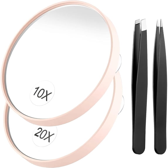 Wattne 20X Magnifying Mirror, 10X Small Magnifying Mirror with Suction Cup and Tweezers, As a Travel Mganifying Mirror, Compact Mirror Set for Plucking Eyebrows 3.5 Inches (Pink)